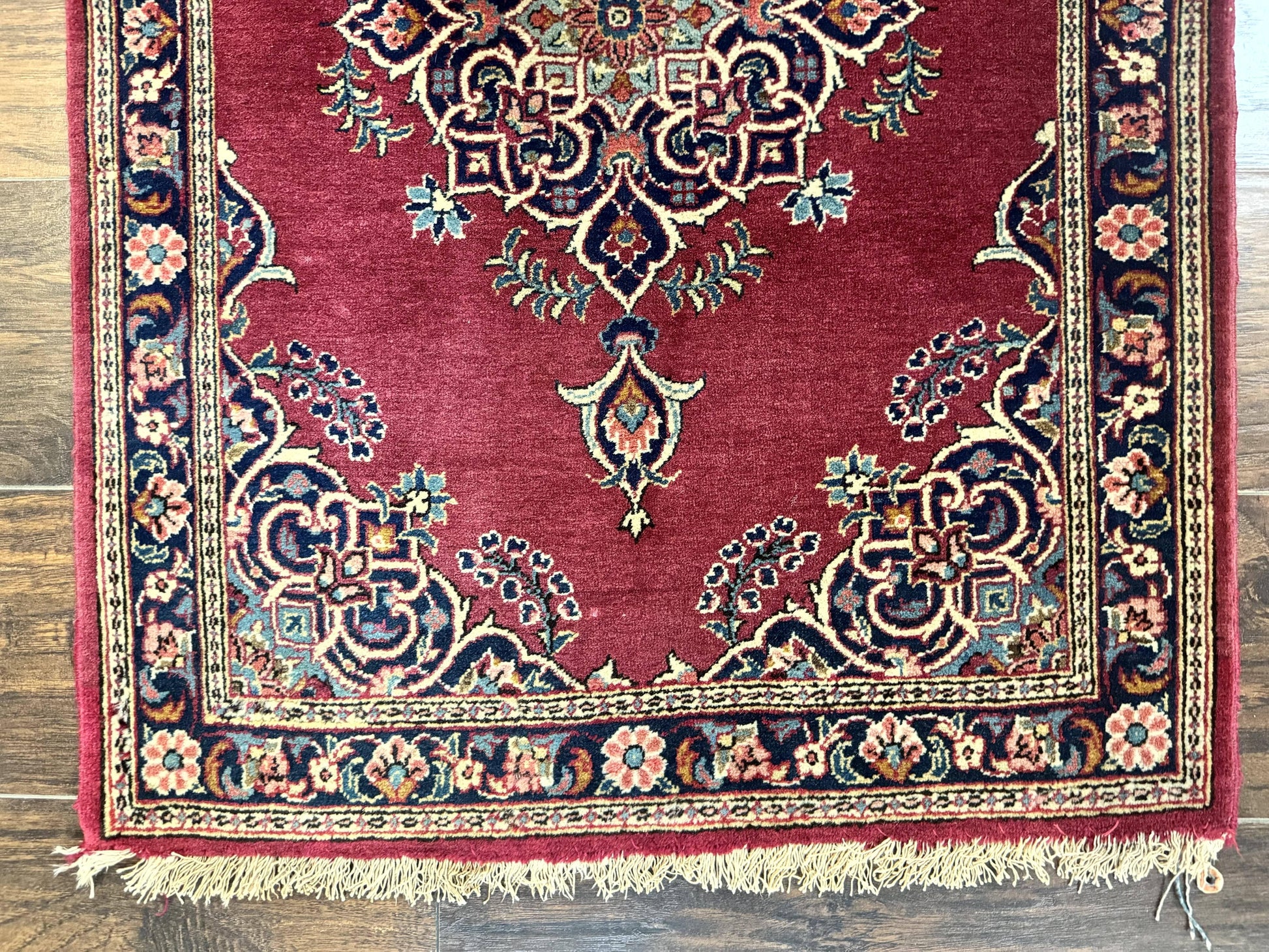 Small Persian Kashan Rug 2x3, Red and Navy Blue, Handmade Vintage Wool Semi Antique Persian Carpet, Semi Open Field - Nuvé