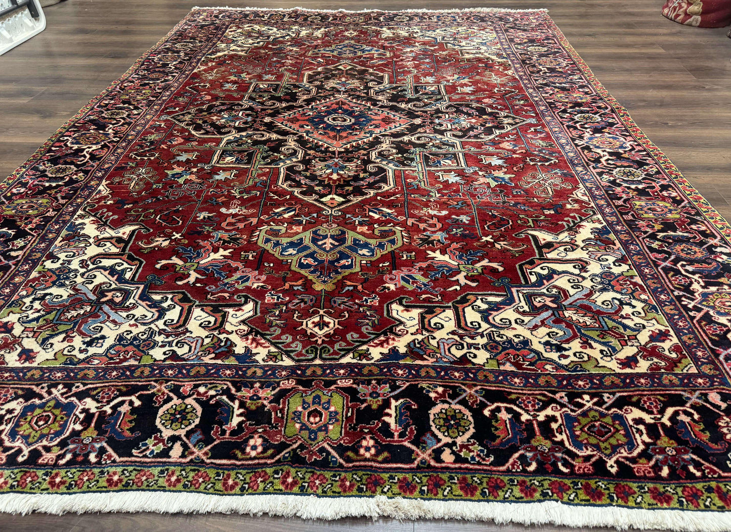 Antique Persian Heriz Rug 8x11, Geometric Tribal Wool Carpet, Brick Red - Nuvé
