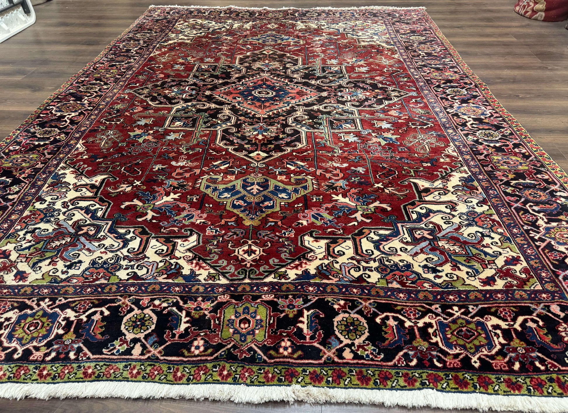 Antique Persian Heriz Rug 8x11, Geometric Tribal Wool Carpet, Brick Red - Nuvé