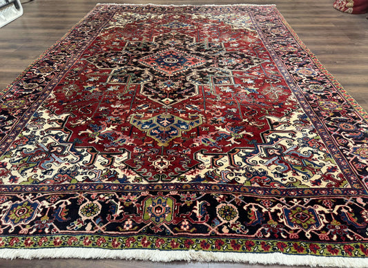 Antique Persian Heriz Rug 8x11, Geometric Tribal Wool Carpet, Brick Red - Nuvé