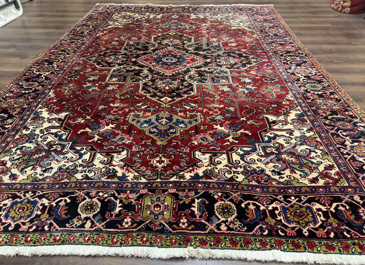Antique Persian Heriz Rug 8x11, Geometric Tribal Wool Carpet, Brick Red