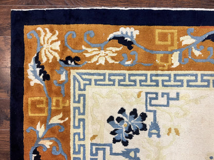 Indo Chinese Rug 9x12, Asian Oriental Carpet 9 x 12, Cream & Burnt Orange, Handmade Wool Vintage Art Deco Rug - Nuvé