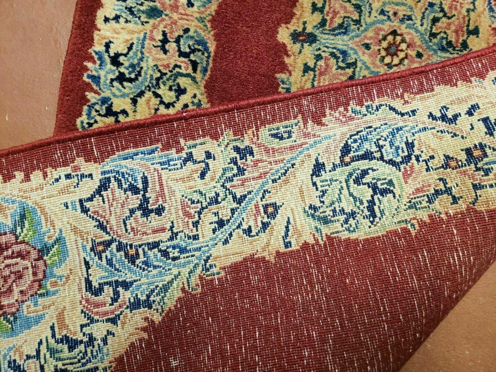 Small Persian Kirman Rug 2x4, Wool Oriental Vintage Handmade Carpet, Hand Knotted Floral Medallion, Red & Beige, Semi Open Field - Nuvé