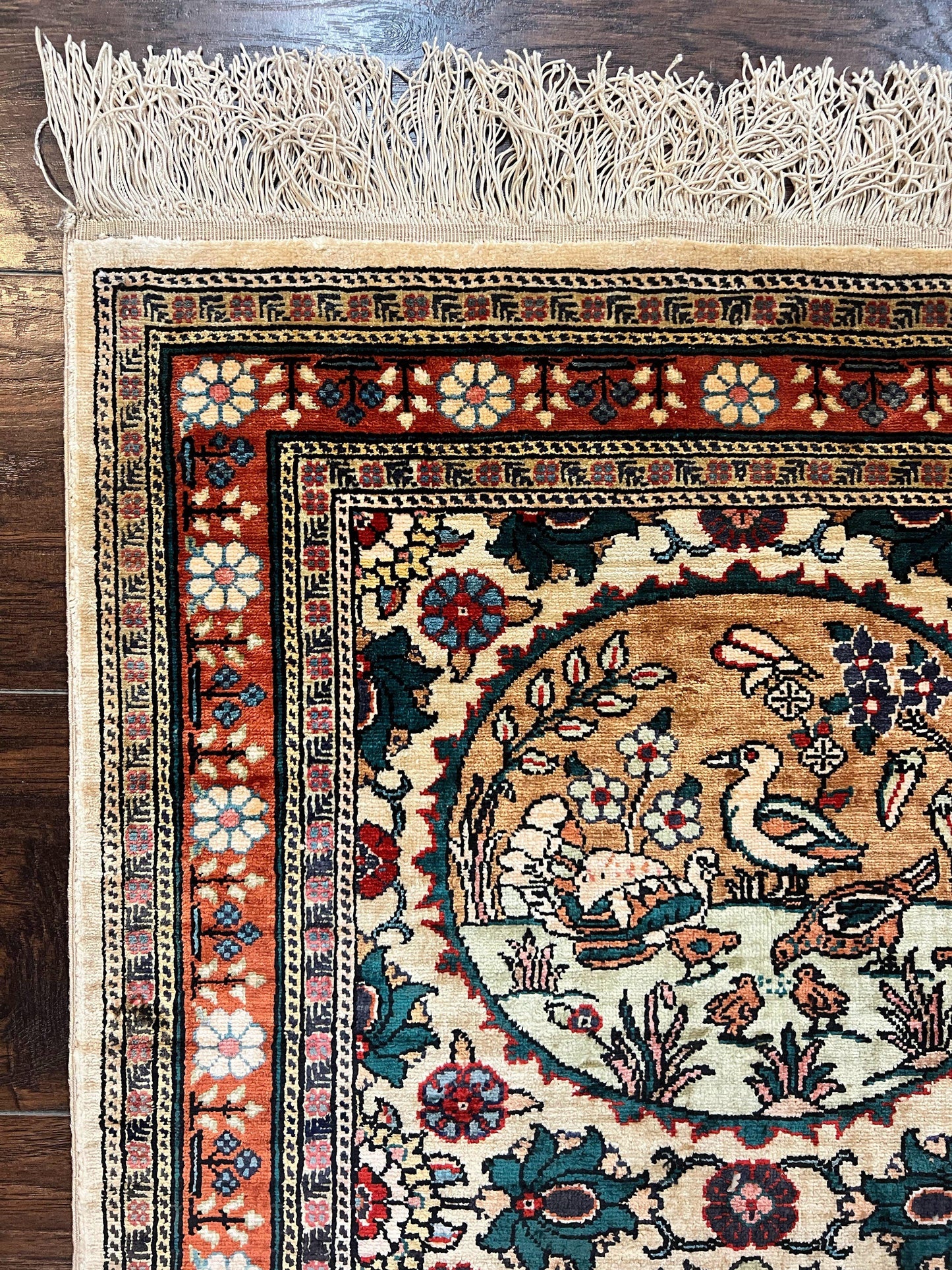 Silk Turkish Rug 2x4, Fine Handmade Oriental Rug, Animal Pictorial Birds Silk Pile on Silk Foundation Vintage Hand Knotted Hereke Carpet - Nuvé