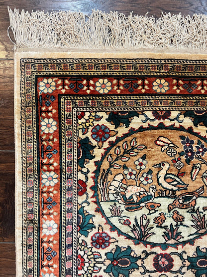 Silk Turkish Rug 2x4, Fine Handmade Oriental Rug, Animal Pictorial Birds Silk Pile on Silk Foundation Vintage Hand Knotted Hereke Carpet - Nuvé
