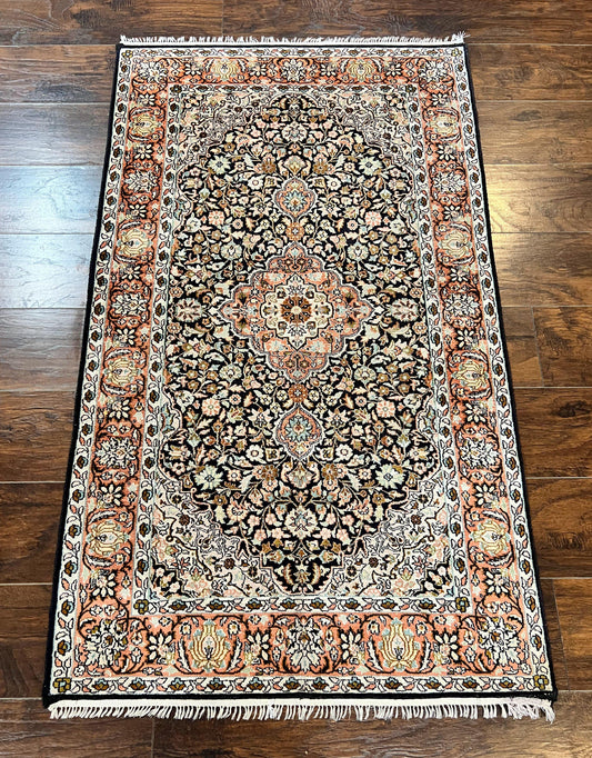 Silk Indian Kashmiri Rug 3x5, Indo Persian Silk on Silk Carpet, Very Fine 350 KPSI, Navy Blue, Handmade, Floral Medallion - Nuvé