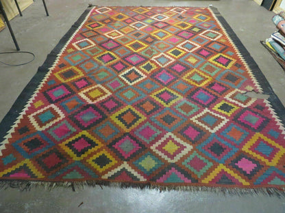7' X10' Antique Afghan Kilim Handmade Flat Weave Wool Rug Vegy Organic Colorful - Nuvé