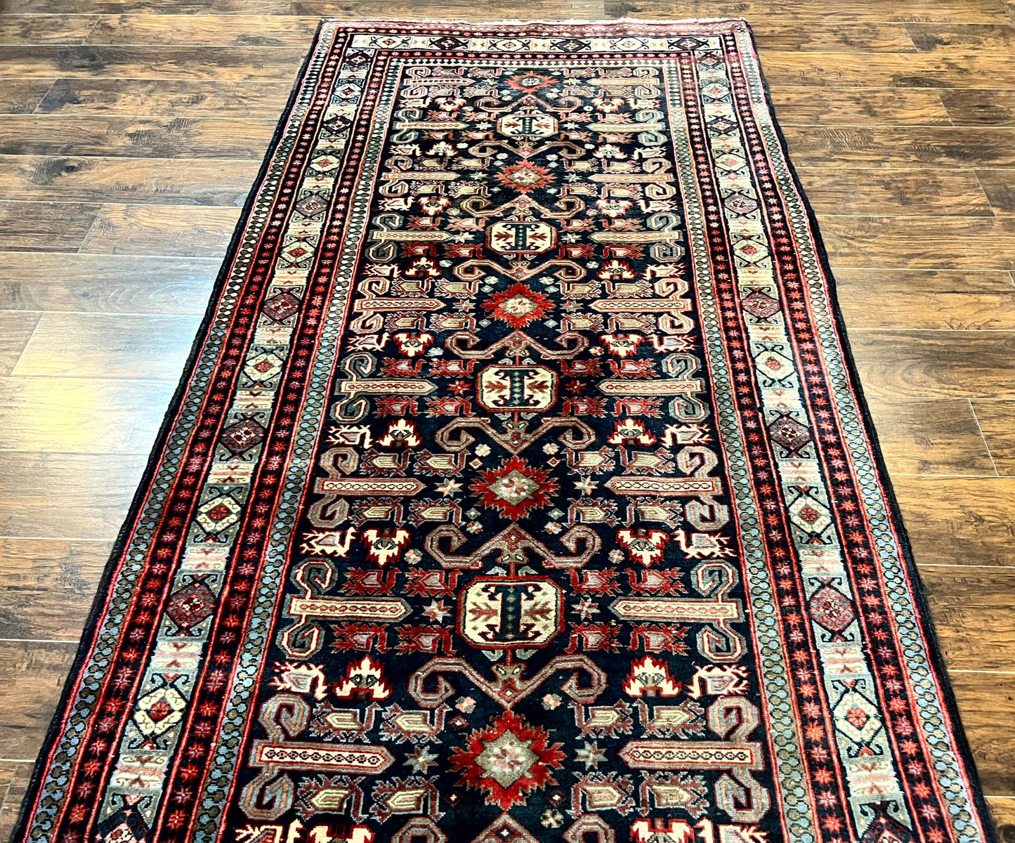 Persian Wide Runner Rug 4.8 x 10, Persian Kalegi Ardabil Rug, Perpedil Caucasian Rug, Antique Handmade Wool Carpet, Navy Blue Red, Tribal Rug