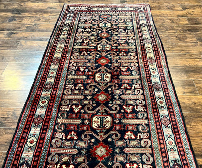 Persian Wide Runner Rug 4.8 x 10, Persian Kalegi Ardabil Rug, Perpedil Caucasian Rug, Antique Handmade Wool Carpet, Navy Blue Red, Tribal Rug
