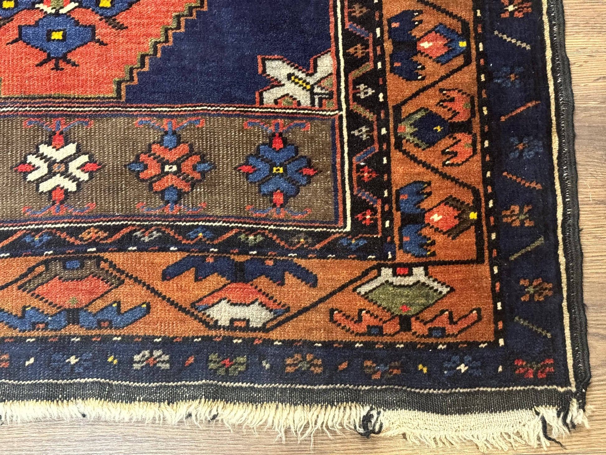Persian Rug 3x6, Geometric Medallion, Village Tribal Rug, Terracotta and Navy Blue, Antique Nahavand Hamadan Rug - Nuvé