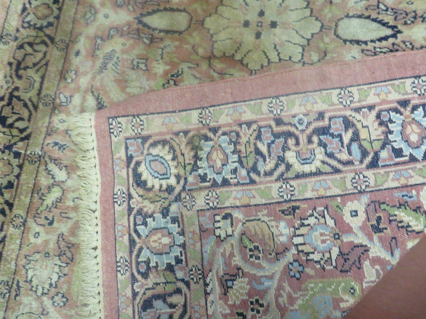 Indian Silk Rug 4x6, Indian Kashmiri Silk Carpet 4 x 6 ft, Vintage Hand Knotted Floral Bird Motifs, Light Pink and Navy Blue, Silk on Cotton - Nuvé