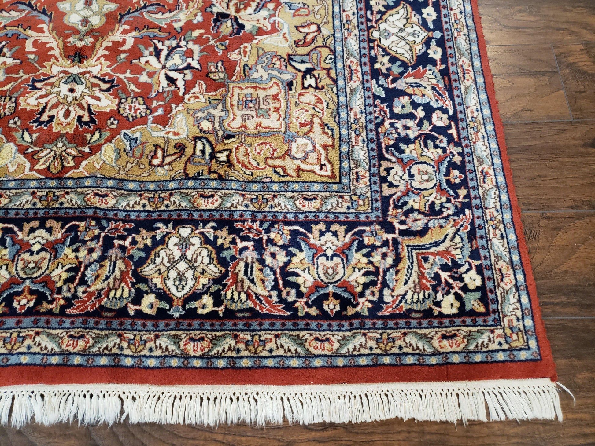 Vintage Indo Persian Oriental Rug 6 x 9.6, Wool Hand-Knotted Red Dark Blue & Gold Indian Carpet, 6 x 9 Office Room Rug, Floral Medallion - Nuvé