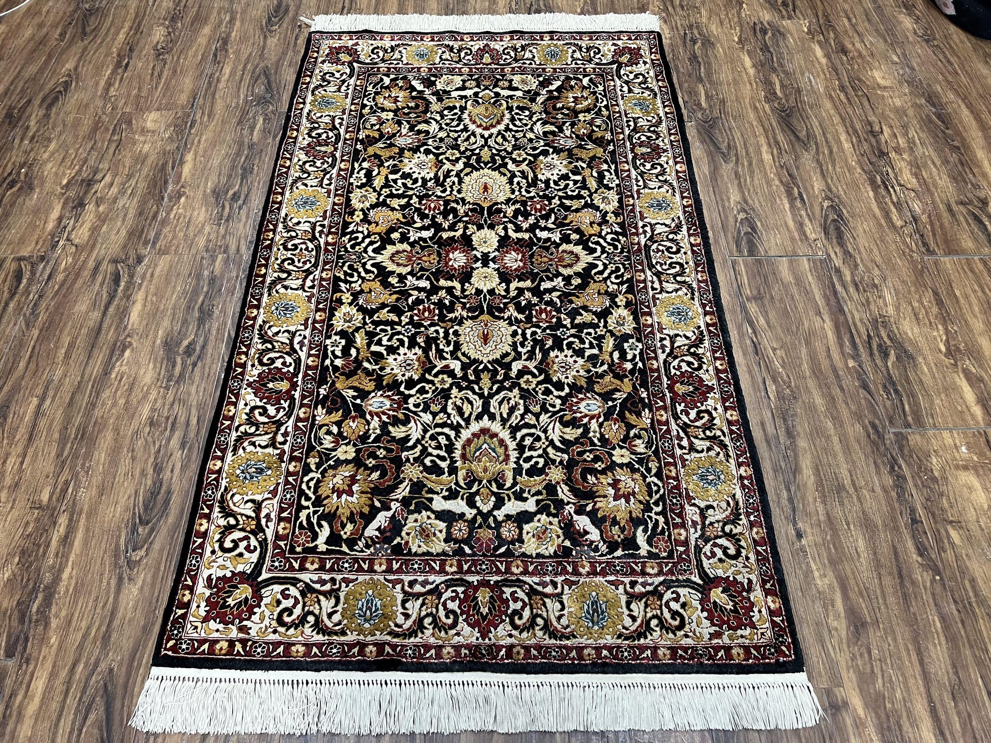 Sino Persian Silk Rug 3x5 Oriental Carpet 3 x 5 Fine Silk Rug, Black Ivory Gold, Animal Motifs, Flowers, High Quality, Vintage Silk Rug Wow - Nuvé