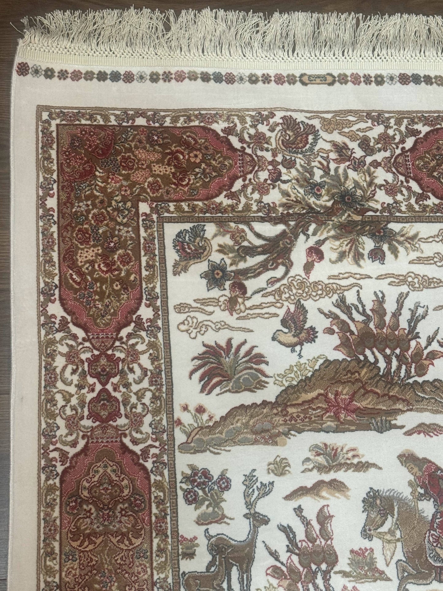 Long Turkish Silk Runner Rug 2.6 x 16.5, Hunting Design, Ivory, Bamboo Silk, New - Nuvé