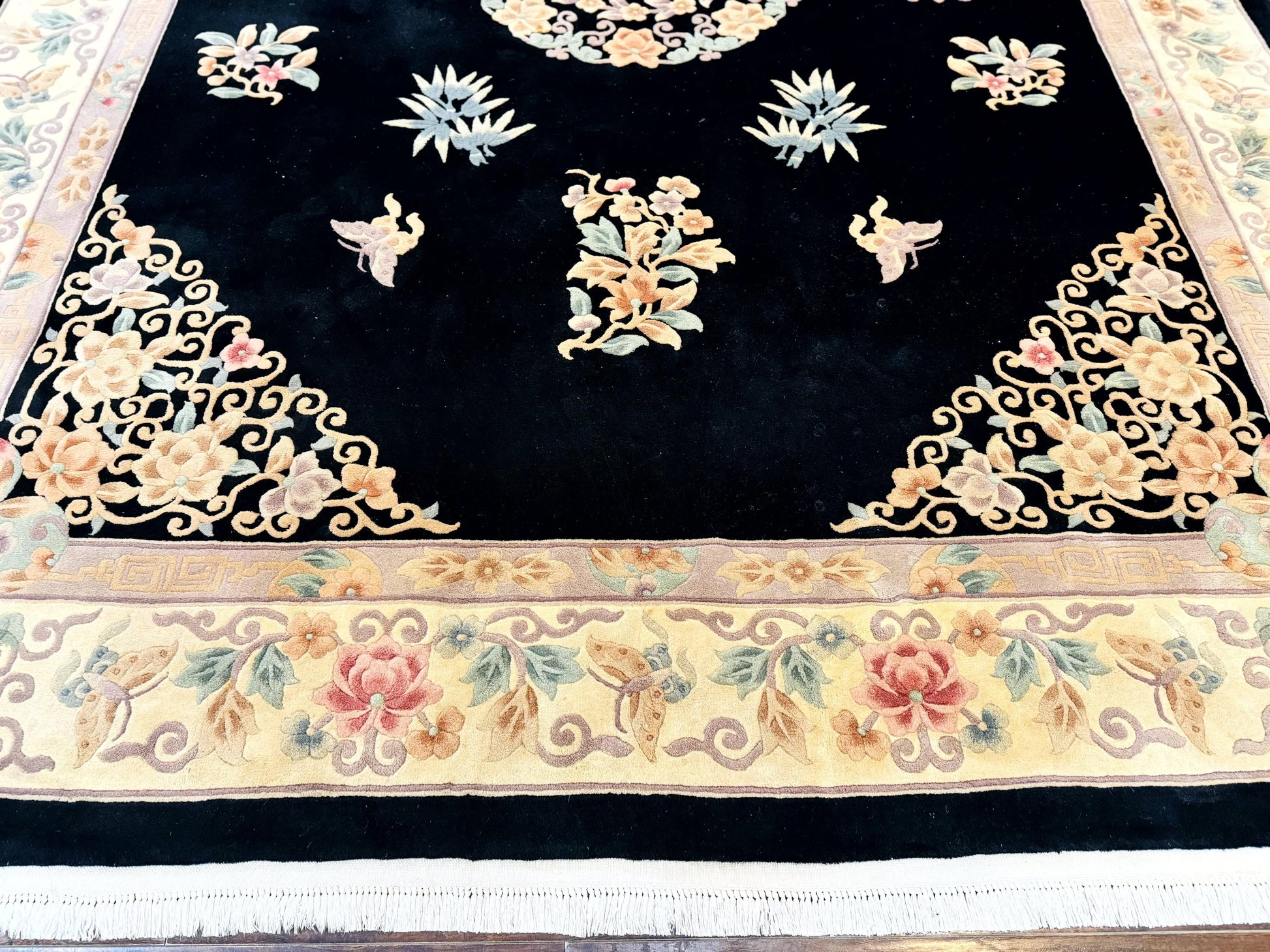 Chinese Wool Rug 9x12, Chinese Carving Carpet, Floral Medallion, Black and Beige, Butterflies, Vintage Asian Oriental Rug, 90 Line Rug - Nuvé