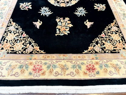 Chinese Wool Rug 9x12, Chinese Carving Carpet, Floral Medallion, Black and Beige, Butterflies, Vintage Asian Oriental Rug, 90 Line Rug - Nuvé