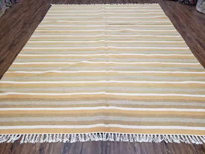 New Indian Kilim Area Rug, 6x8 - 7x8 South American Style Blanket, Striped Indian Wool Hand-Woven Flat Weave 6x9 Bedroom Rug, Ivory Ochre - Nuvé