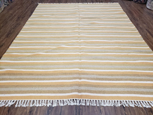 New Indian Kilim Area Rug, 6x8 - 7x8 South American Style Blanket, Striped Indian Wool Hand-Woven Flat Weave 6x9 Bedroom Rug, Ivory Ochre - Nuvé