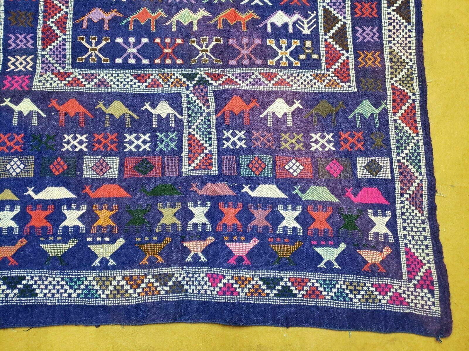 3' X 7' Vintage Handmade Indian Wool Kilim Flat weave Rug Camel Birds Blue Geometric Short Runner - Nuvé