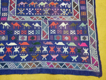 3' X 7' Vintage Handmade Indian Wool Kilim Flat weave Rug Camel Birds Blue Geometric Short Runner - Nuvé