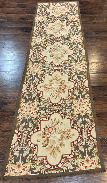 Needlepoint Runner Rug 2.8 x 9.8, Brown and Beige, Handwoven Handmade Floral French European Design, Vintage Flatweave 10ft Wool Runner Rug - Nuvé