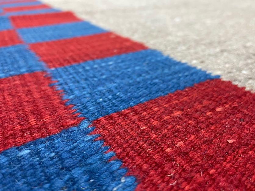 Gray Turkish Kilim Carpet 5' 7" x 7' 7", Medium Kilim Rug, Hand-Knotted, Blue & Red Border, Minimalistic Design, Geometric, Wool, New - Nuvé