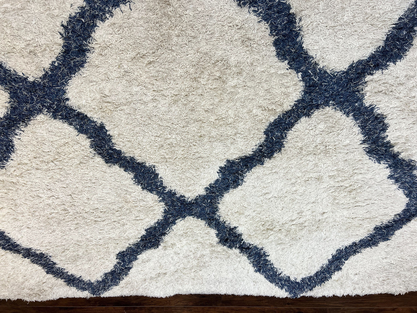 Modern Shag Rug 9x12, Ivory and Dark Blue, Diamond Pattern, Soft, Room Sized, Contemporary Rug, Plush