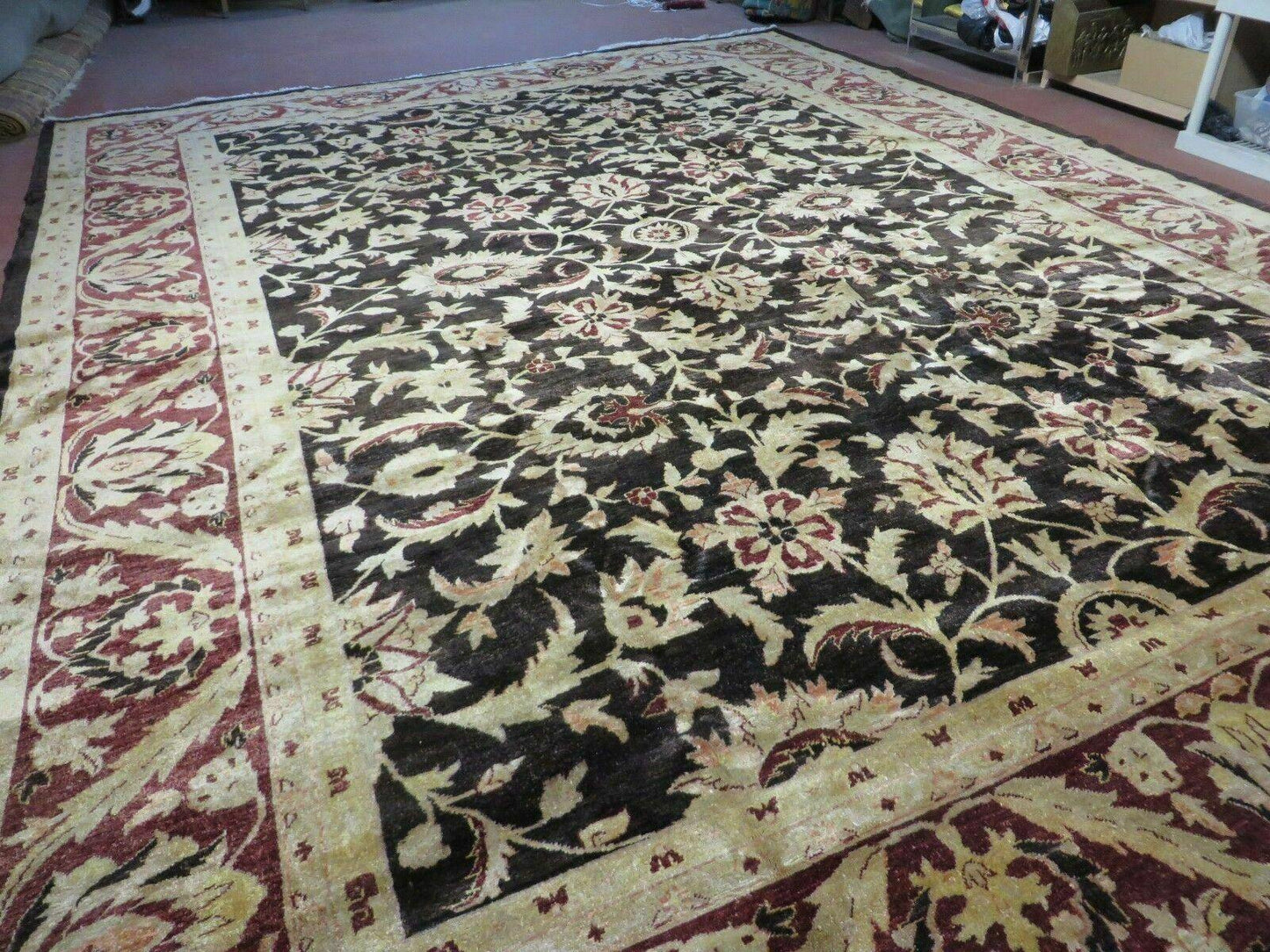 11' X 15' Vintage Hand Knotted Indian Agra Wool Rug Hand Made Dark Brown Floral - Nuvé