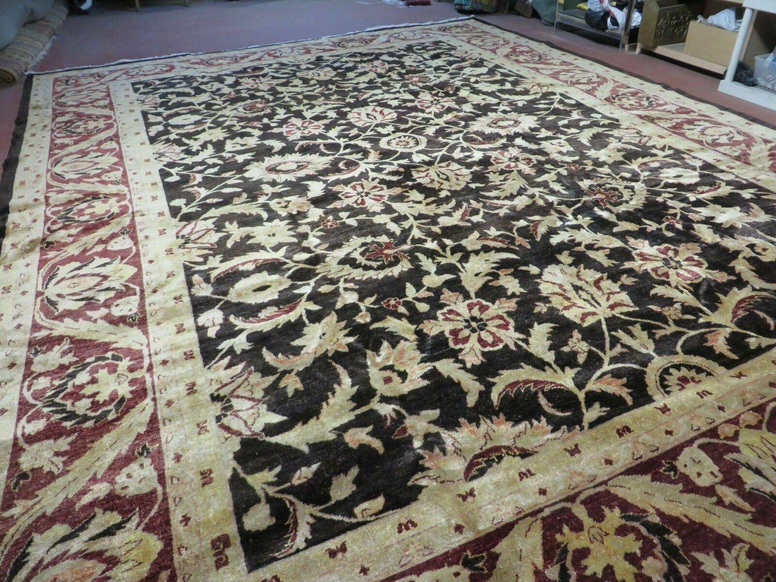 11' X 15' Vintage Hand Knotted Indian Agra Wool Rug Hand Made Dark Brown Floral - Nuvé