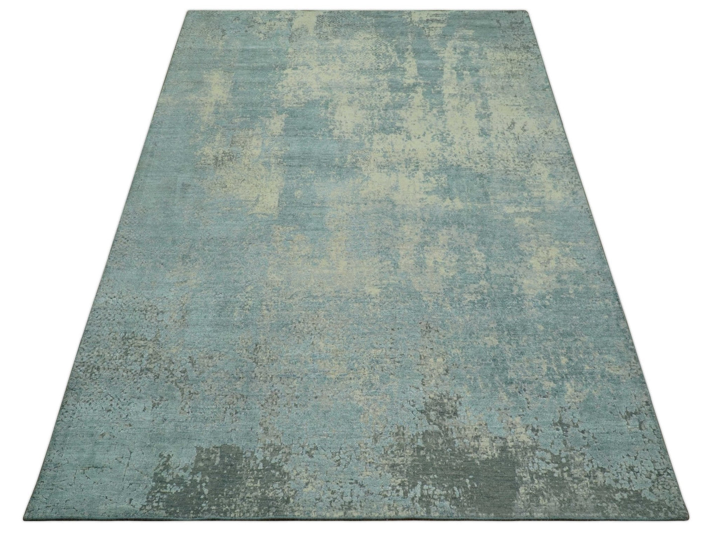 Abstract Design Blue, Beige And Gray 8x10 Hand Knotted Wool and Bamboo Silk Rug - Nuvé