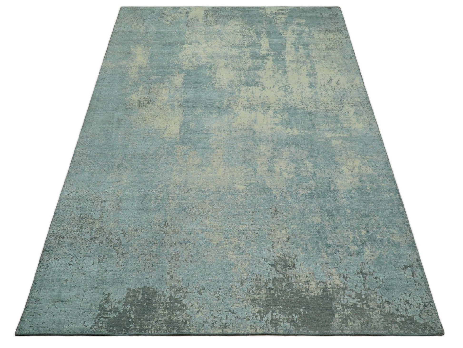 Abstract Design Blue, Beige And Gray 8x10 Hand Knotted Wool and Bamboo Silk Rug - Nuvé