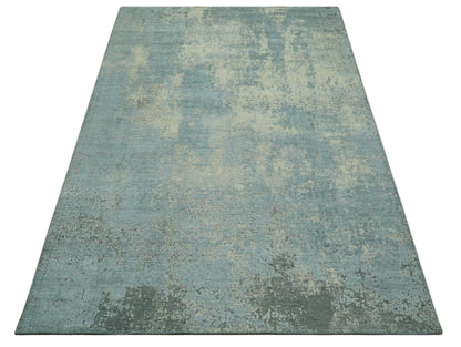 Abstract Design Blue, Beige And Gray 8x10 Hand Knotted Wool and Bamboo Silk Rug - Nuvé