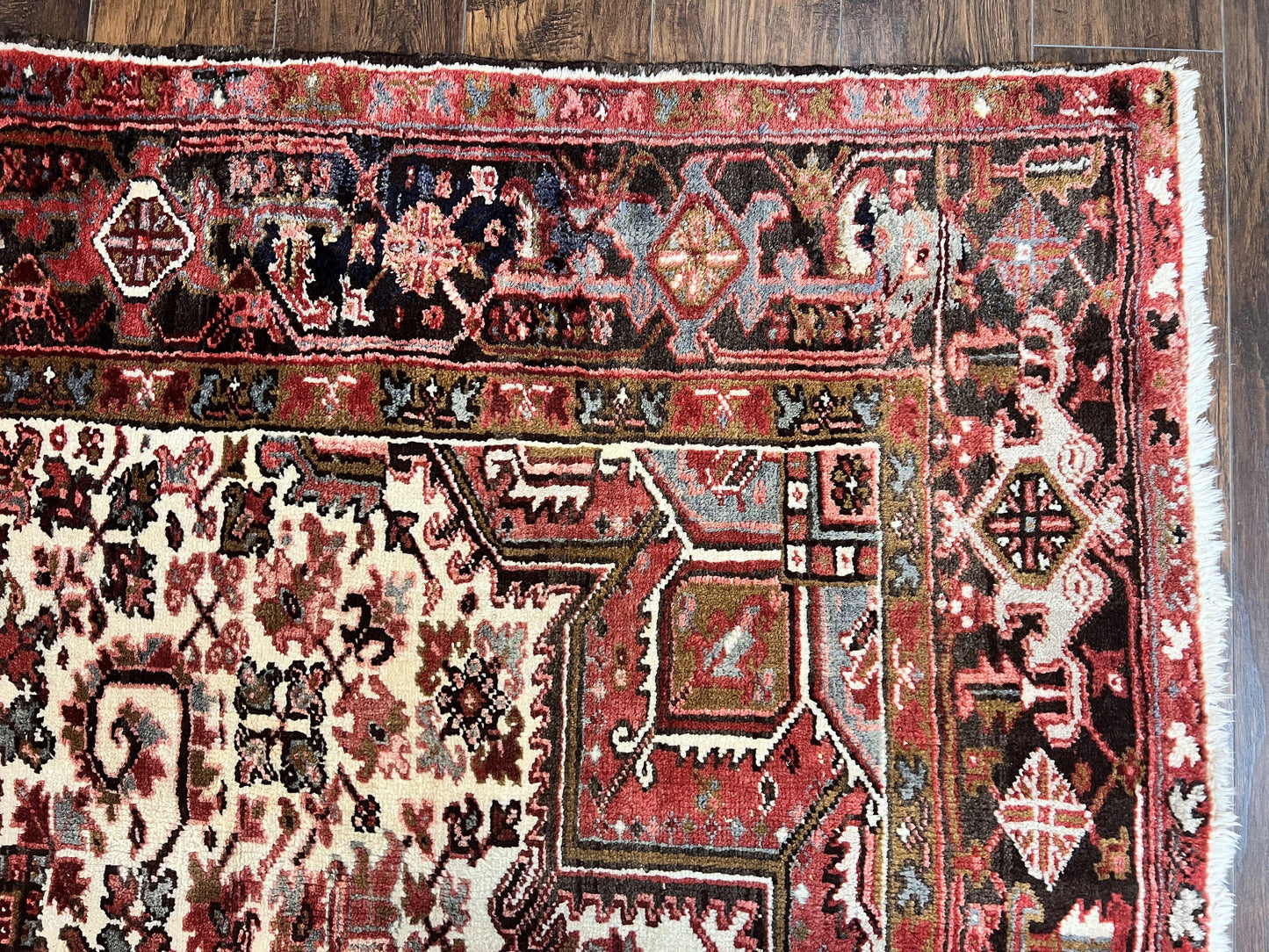 Large Persian Heriz Rug 10x13, Red and Cream Geometric Tribal Room Sized Handmade Wool Hand Knotted Semi Antique Decorative Oriental Carpet