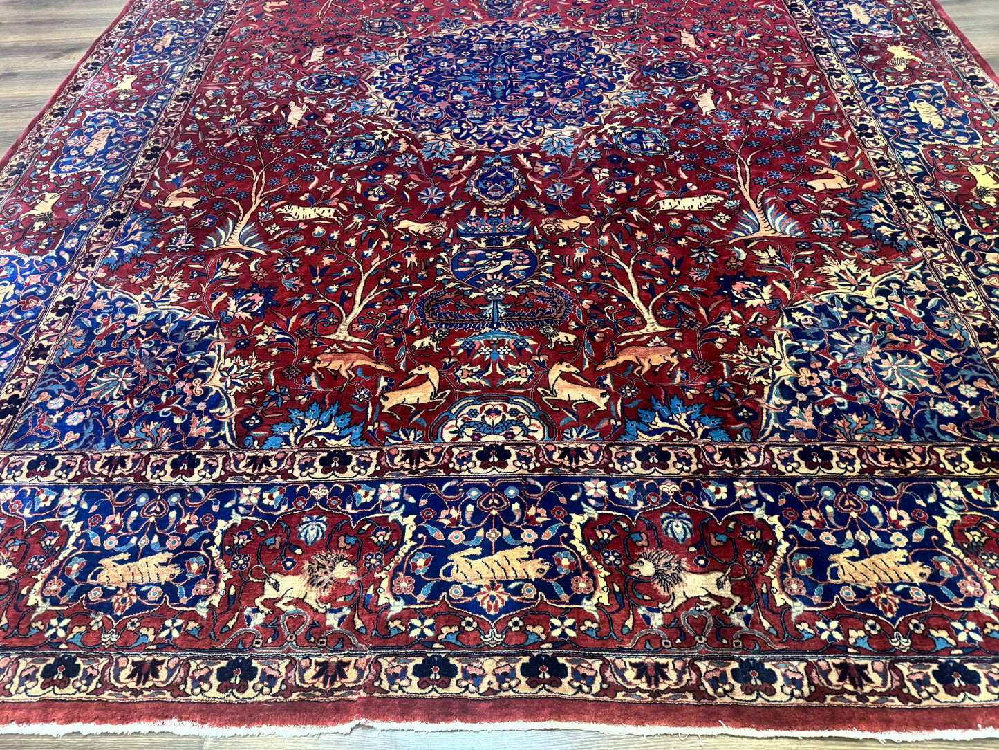Antique Indo Persian Kerman Rug 9x12 Red Manchester Wool Animal Pictorials, Fine 290 KPSI - Nuvé