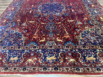 Antique Indo Persian Kerman Rug 9x12 Red Manchester Wool Animal Pictorials, Fine 290 KPSI - Nuvé