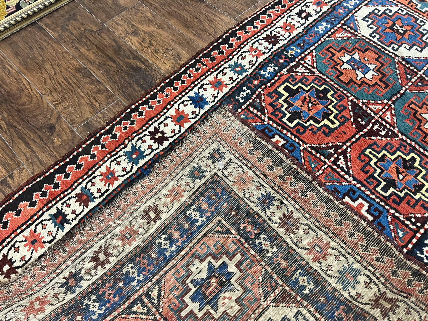 Antique Caucasian Kazak Runner Rug 4 x 9.5, Handmade Wool Rug for Hallway, Rare Colorful Panel Design Mid 19th Century 1870s Oriental Carpet - Nuvé