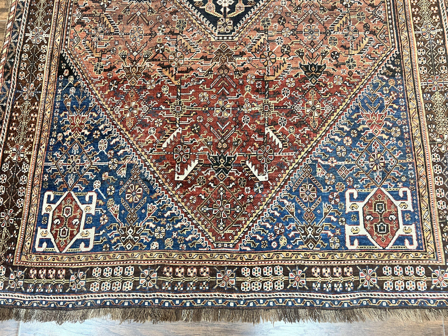 Antique Persian Shiraz Tribal Rug 6x8, Geometric Rug, Wool Handmade Hand Knotted Carpet, Red Blue - Nuvé
