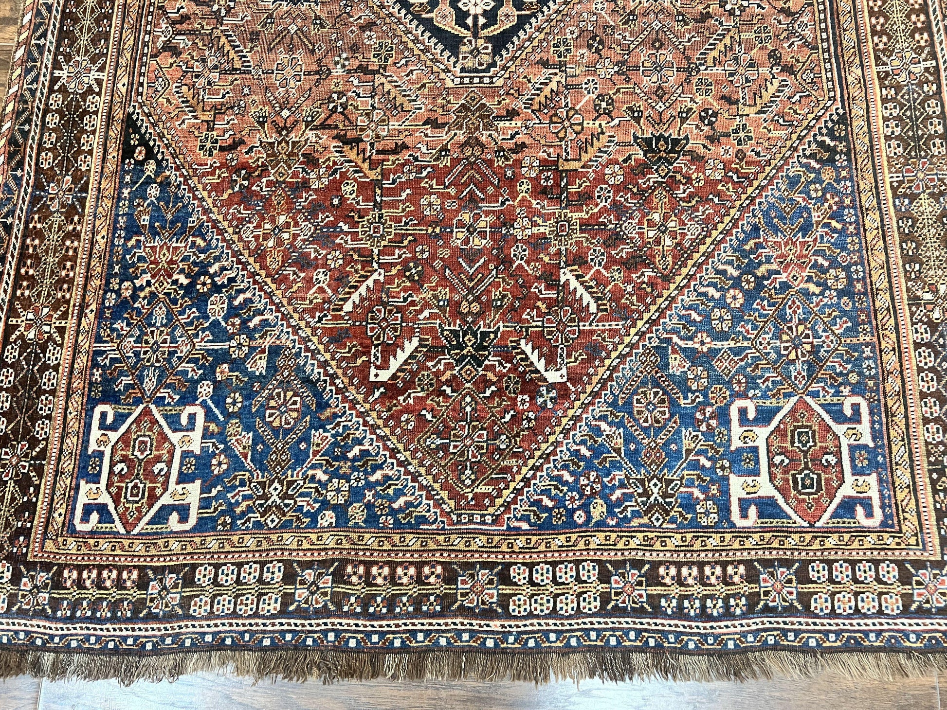Antique Persian Shiraz Tribal Rug 6x8, Geometric Rug, Wool Handmade Hand Knotted Carpet, Red Blue - Nuvé