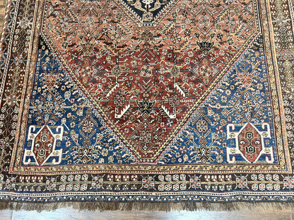 Antique Persian Shiraz Tribal Rug 6x8, Geometric Rug, Wool Handmade Hand Knotted Carpet, Red Blue - Nuvé