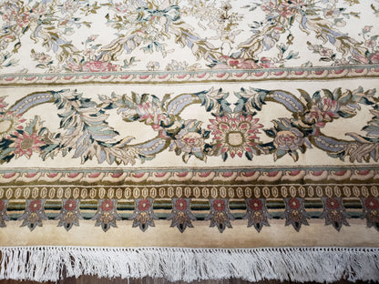 Pak Persian Floral Rug 11 x 12.6, Ivory, Very Fine, Hand Knotted