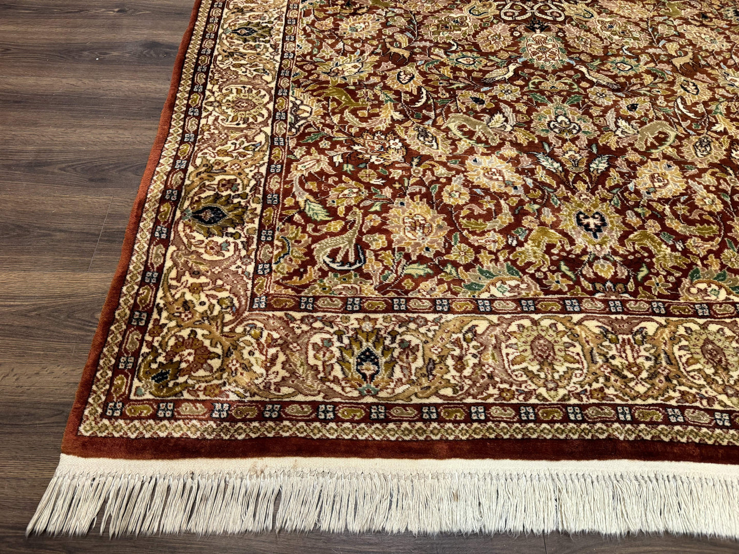 Tree of Life Indian Kashmiri Rug 6x9, Rust Red and Cream, Animal Pictorials, Fine 290 KPSI - Nuvé