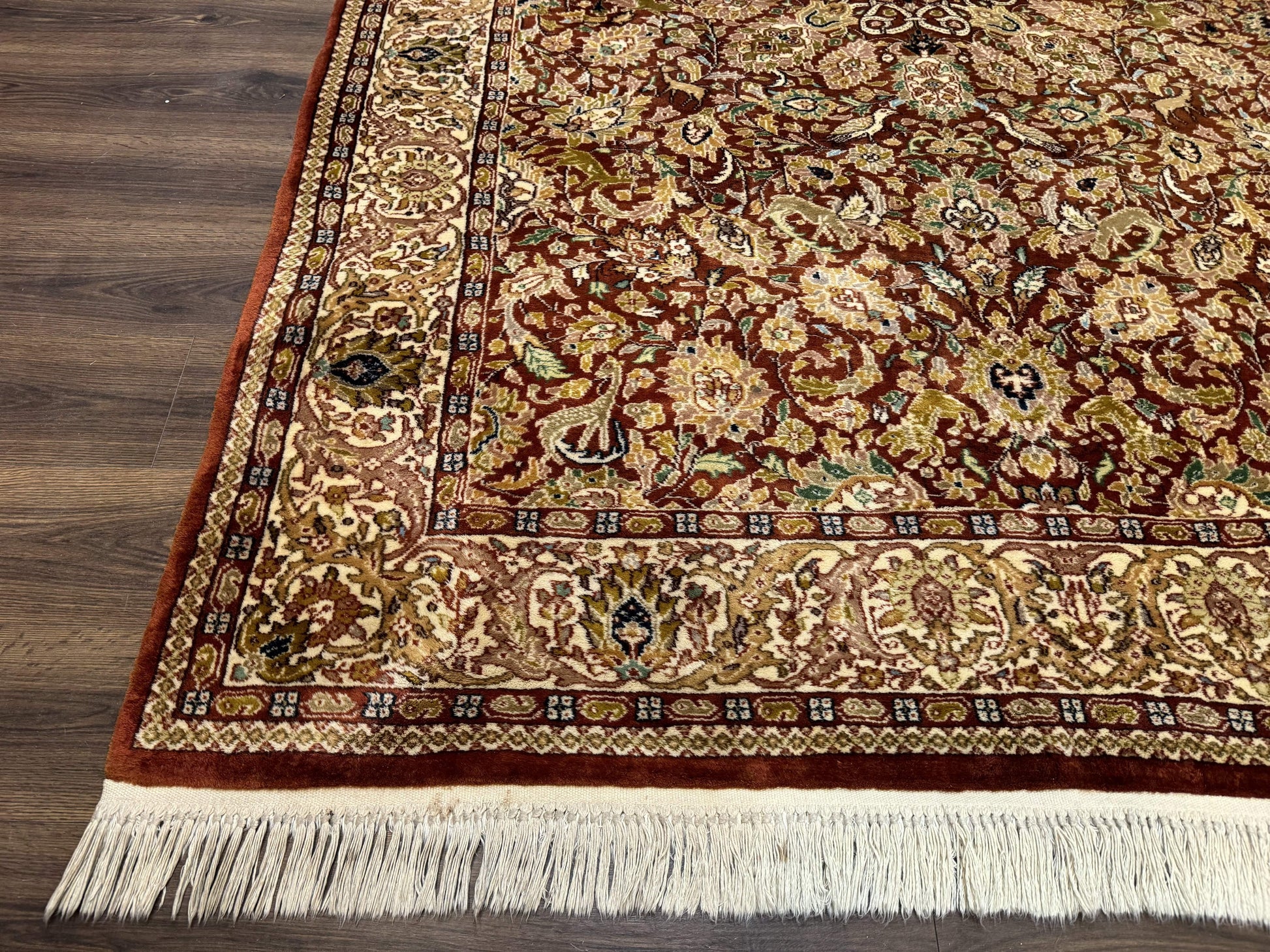 Tree of Life Indian Kashmiri Rug 6x9, Rust Red and Cream, Animal Pictorials, Fine 290 KPSI - Nuvé
