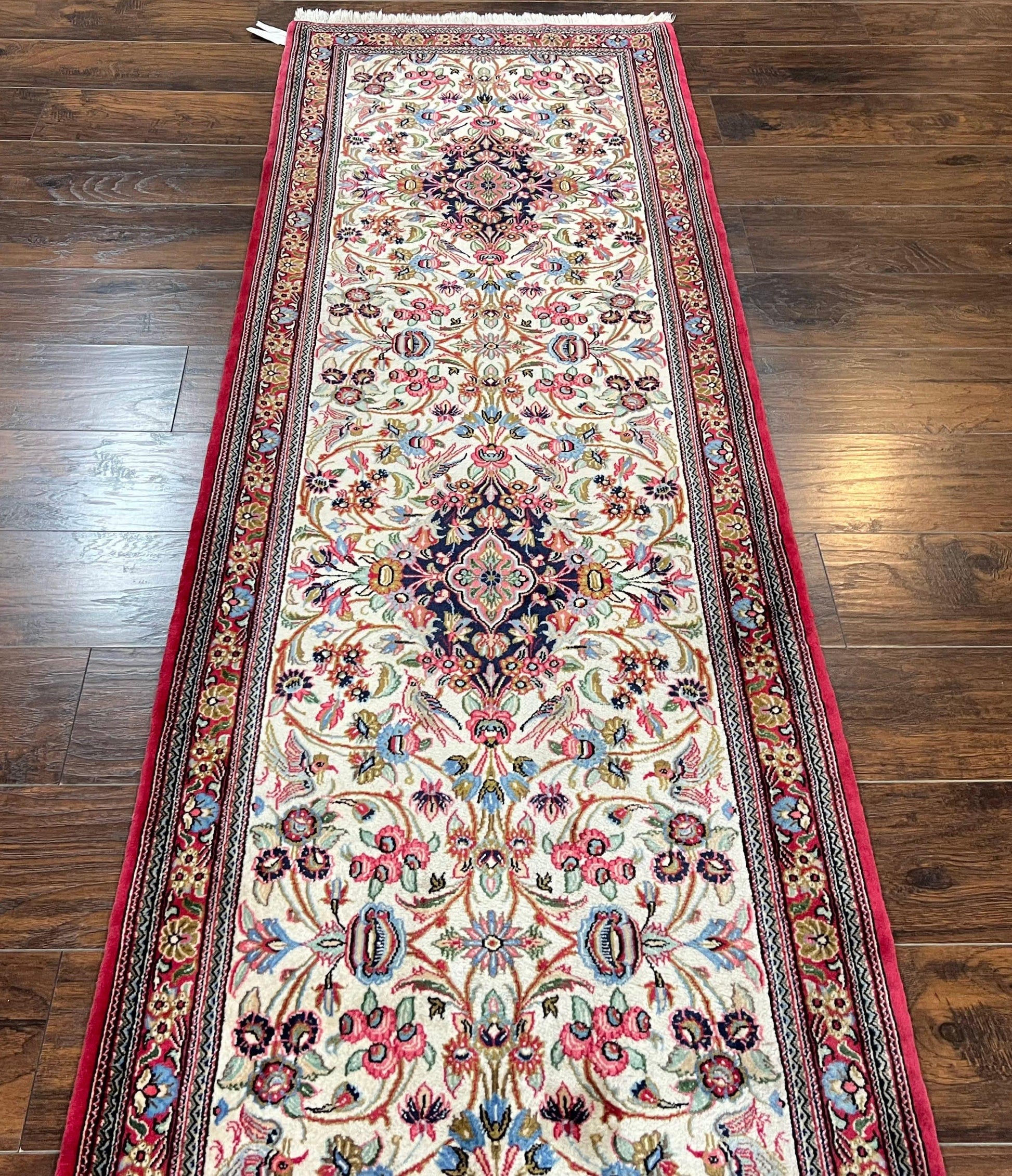 Wonderful Persian Qum Runner Rug 2.8 x 10 ft, Floral Medallions with Bird Motifs, Hand Knotted Wool Fine Oriental 10ft Hallway Runner, Cream Red - Nuvé