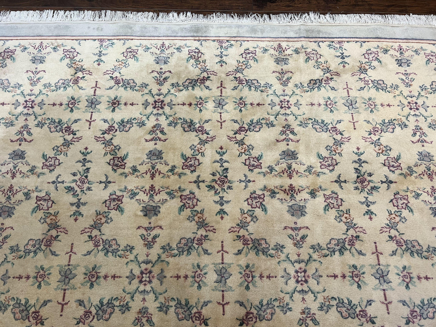 Sino Persian Rug 8x10, Floral, Oatmeal and Light Teal, Handmade Wool Vintage Carpet - Nuvé