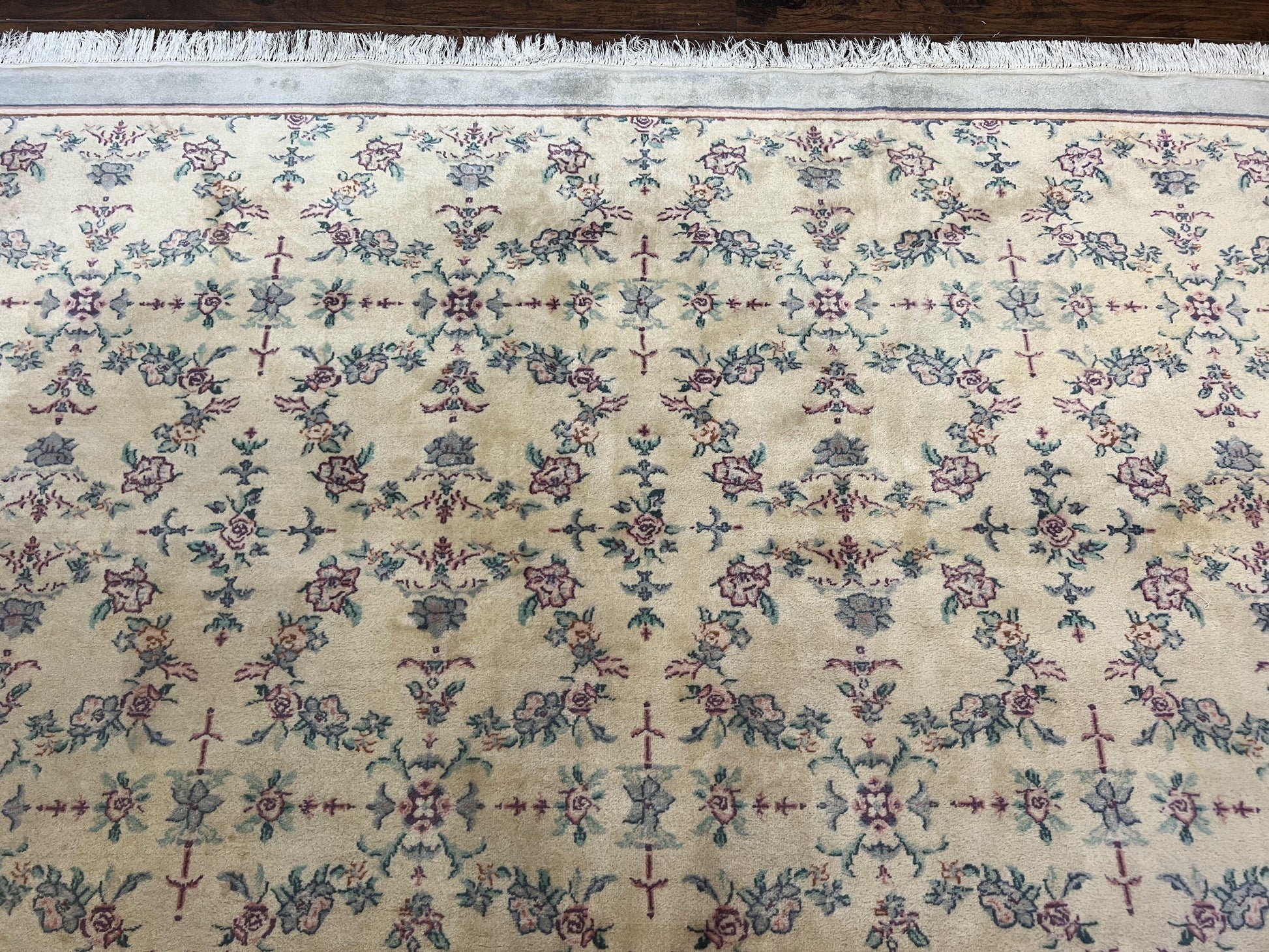 Sino Persian Rug 8x10, Floral, Oatmeal and Light Teal, Handmade Wool Vintage Carpet - Nuvé