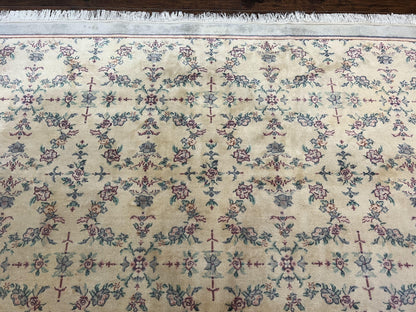 Sino Persian Rug 8x10, Floral, Oatmeal and Light Teal, Handmade Wool Vintage Carpet - Nuvé