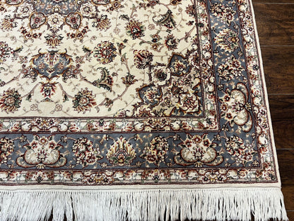 Sino Persian Square Rug 5x5, Very Fine Oriental Carpet, Wool & Silk Highlights, Ivory, Hand Knotted Handmade Vintage Traditional Rug - Nuvé