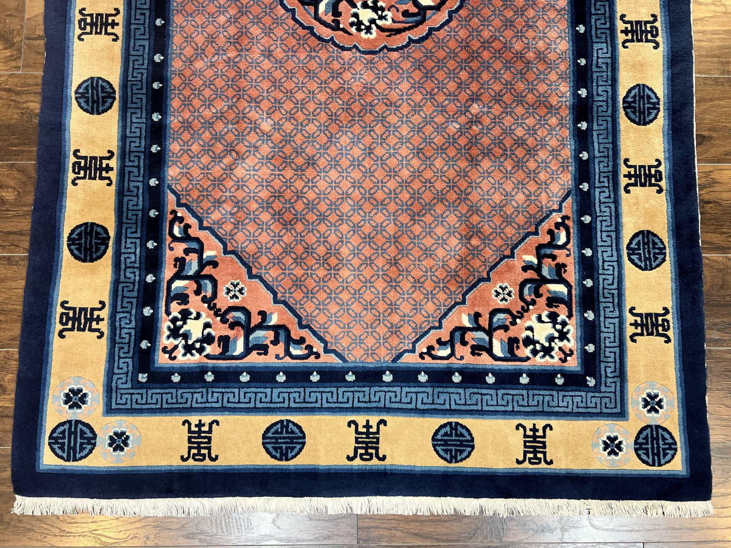Chinese Peking Rug 5x8, Vintage Semi Antique Chinese Art Deco Carpet, Wool Pile Light Red/Salmon Gold Navy Blue, Handmade Asian Oriental Rug - Nuvé