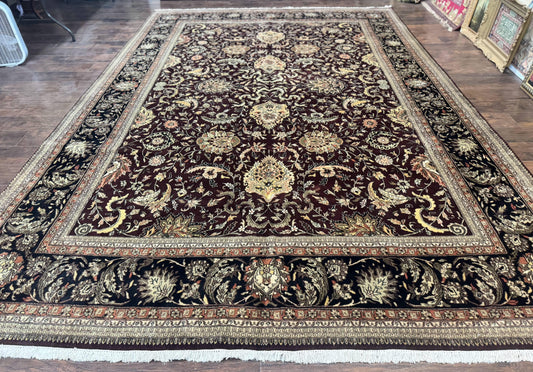 Indo Persian Rug 10x14, Floral Allover, Handmade Vintage Wool Rug, Dark Maroon/Plum and Black - Nuvé