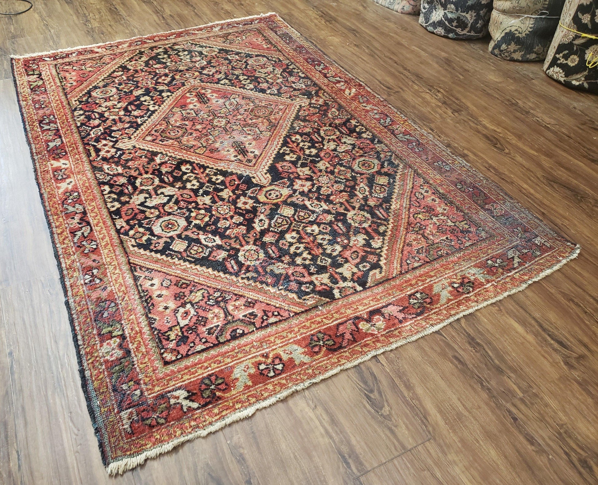 Antique Persian Mahal Area Rug 4.4 x 6.6, Wool Hand-Knotted Shabby Chic Oriental Rug, Red Black 1930s Foyer Room Carpet, Low Pile Boho Rug - Nuvé